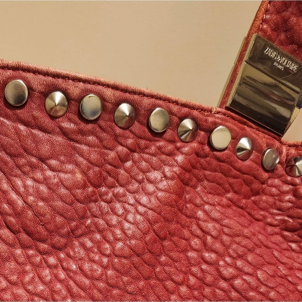 Zadig & Voltaire Red Pebbled Leather Silver Rock Stud Trim Handbag/Tote Ret.$695 - Picture 5 of 15